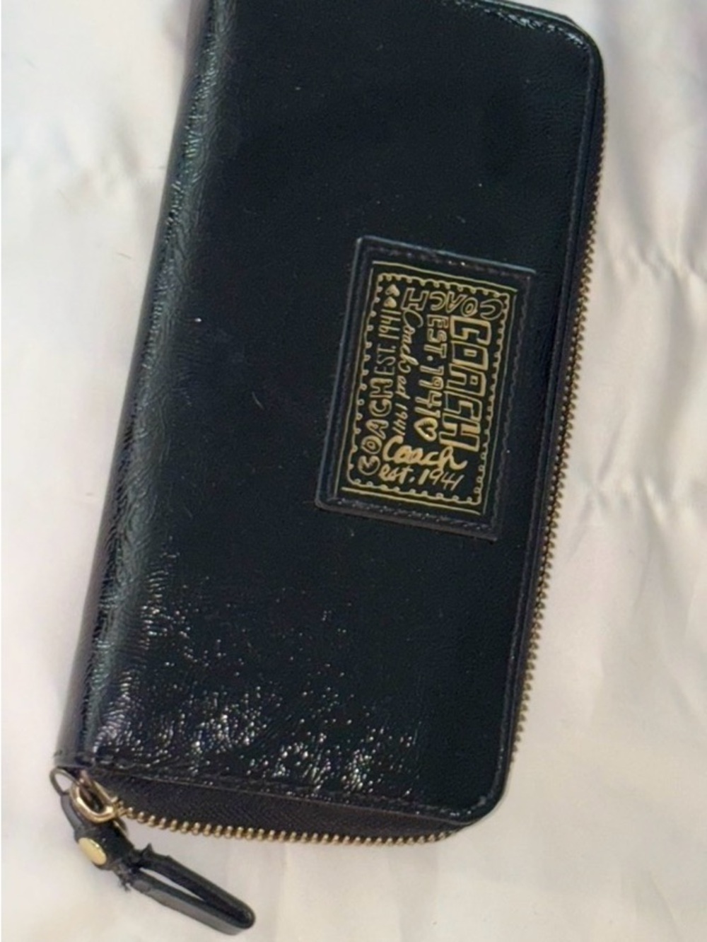 Coach Black Patent Zip Wallet with Gold Logo Plaque. Combine with purse.